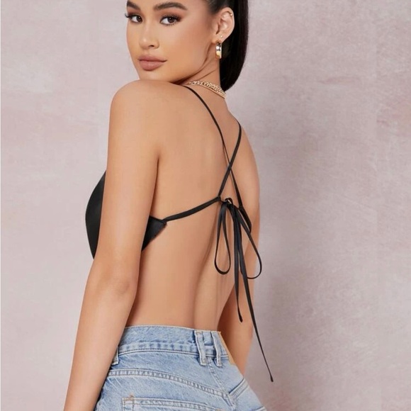 Black Backless Satin Triangle Crop Top - Picture 2 of 4